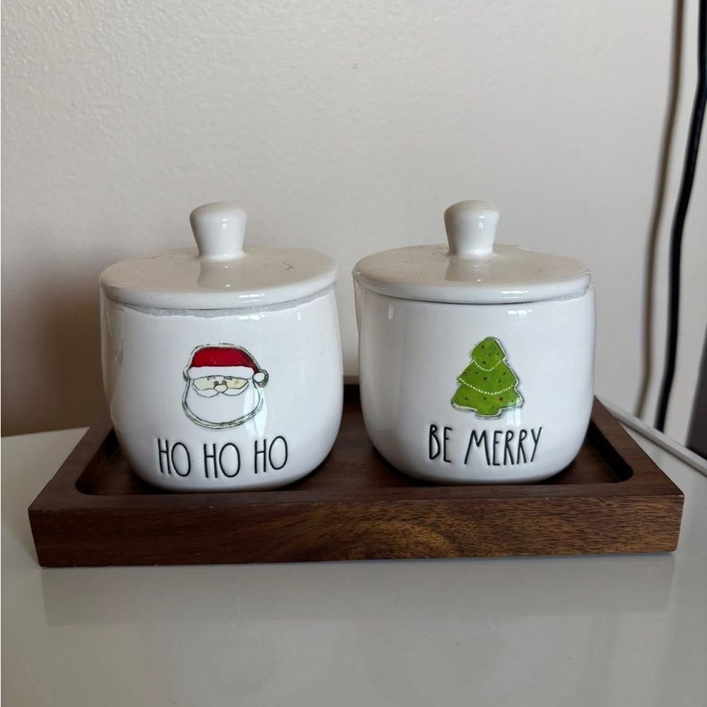 Rae Dunn White Holiday Jars with Wooden Tray